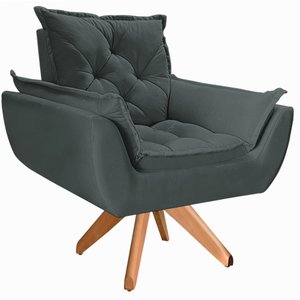 Poltrona Opala Giratória Base Madeira Suede - Navega Móveis Navega Móveis Opala Base Madeira Cinza