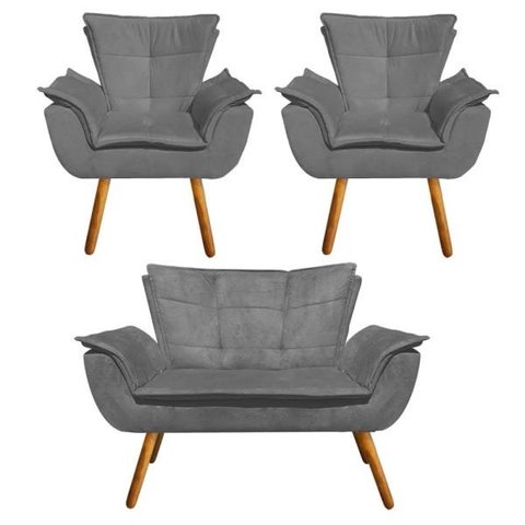 Kit Sofá Retrô Namoradeira e 02 Poltronas Opala Suede Grafite - D'Rossi