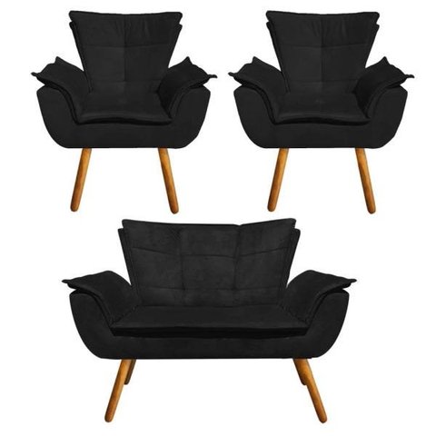 Kit Sofá Retrô Namoradeira e 02 Poltronas Opala Suede Preto - D'Rossi
