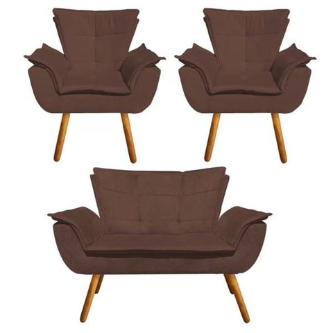 Kit Sofá Retrô Namoradeira e 02 Poltronas Opala Suede Marrom - D'Rossi