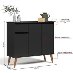 Aparador Buffet para Sala de Jantar 1 Gaveta 3 Portas Veneza - Preto - 6
