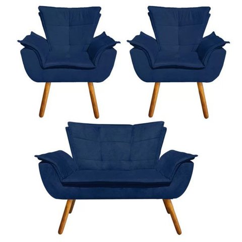 Kit Sofá Retrô Namoradeira e 02 Poltronas Opala Suede Azul Marinho - D'Rossi