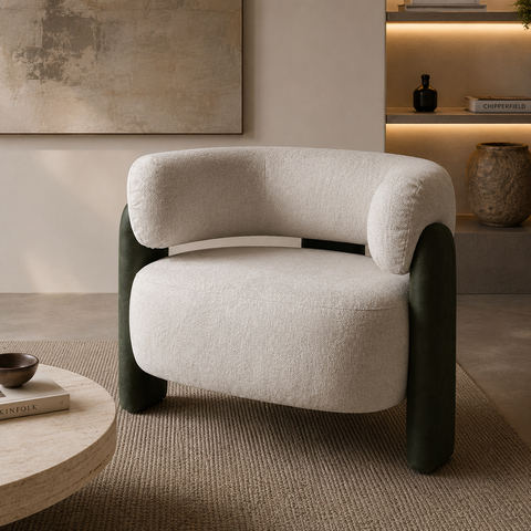 Poltrona Moderna Orgânica em Linho Sedoso Off-White Corino Verde Musgo Confortável Anatômica Linha P