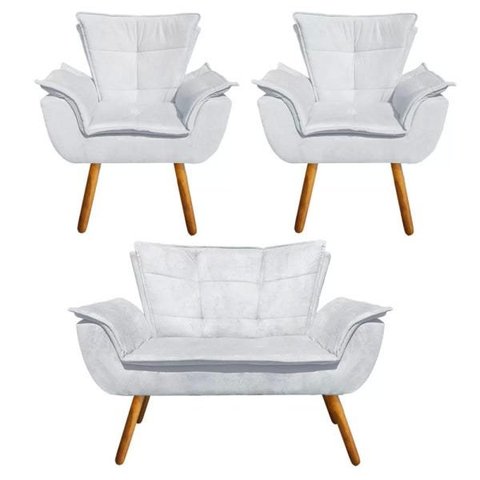 Kit Sofá Retrô Namoradeira e 02 Poltronas Opala Suede Cinza - D'Rossi
