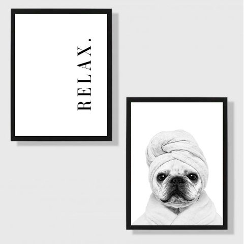 Kit 2 Quadros Banheiro Relax Bulldog 24x18cm - com Vidro:moldura Branca
