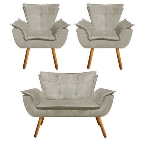 Kit Sofá Retrô Namoradeira e 02 Poltronas Opala Suede Marrom Rato - D'Rossi