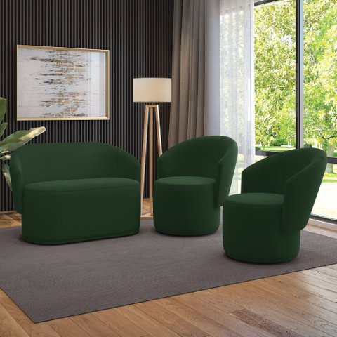 Sofá Namoradeira e 2 Poltronas Orgânica para Sala Malu Veludo Verde M11 - D’Rossi