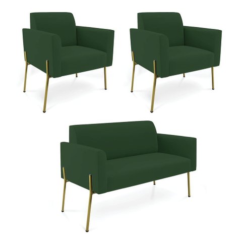 Sofá Namoradeira e 2 Poltronas Pé de Ferro Dourado Marisa Veludo
