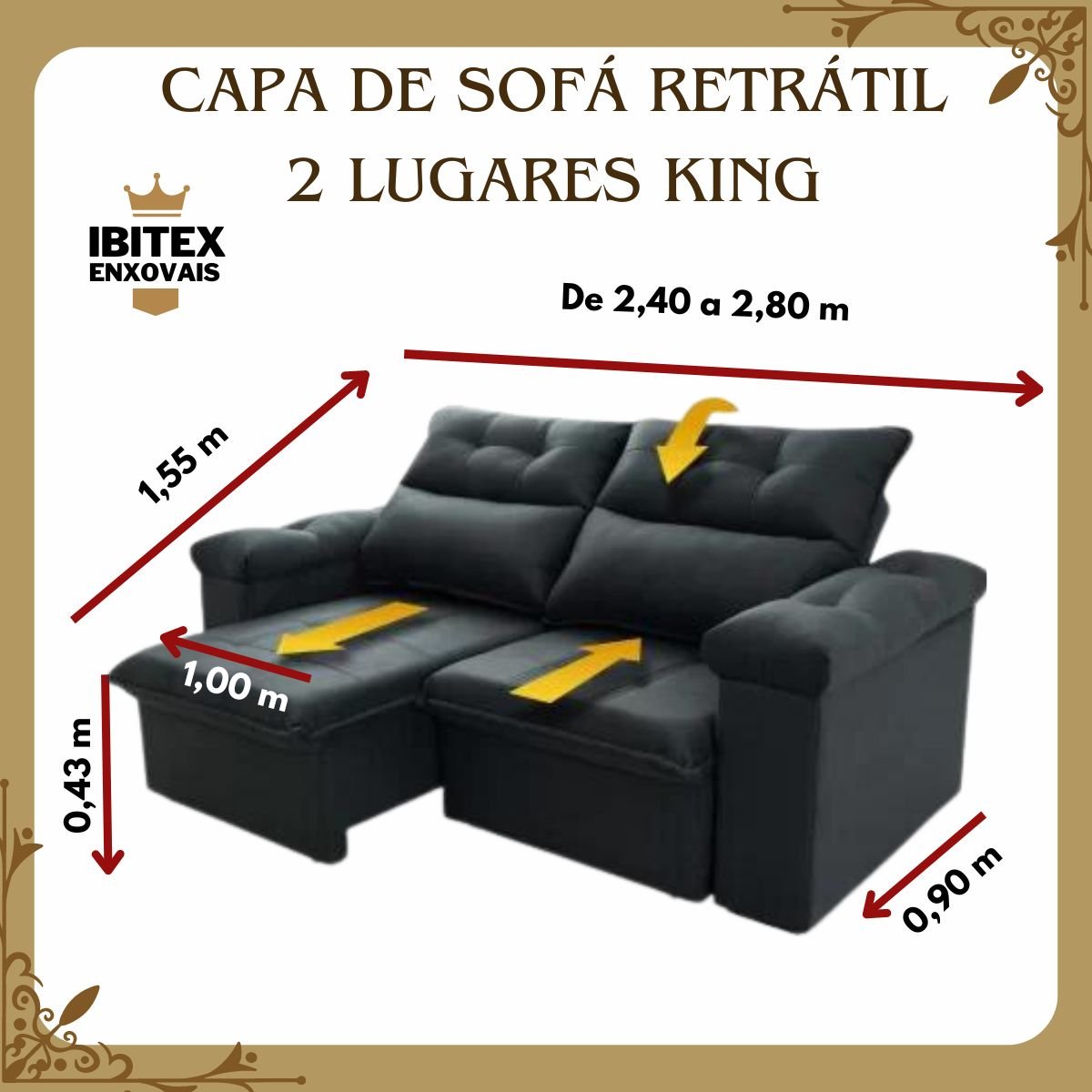 Capa de Sofá Retratil Lisa 2 Lugares King:preto - 4