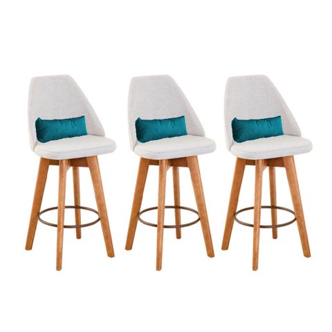 Kit 03 Banquetas Alta Maya Giratória Com Encosto Linho Bege Claro e Almofada Sintético Azul