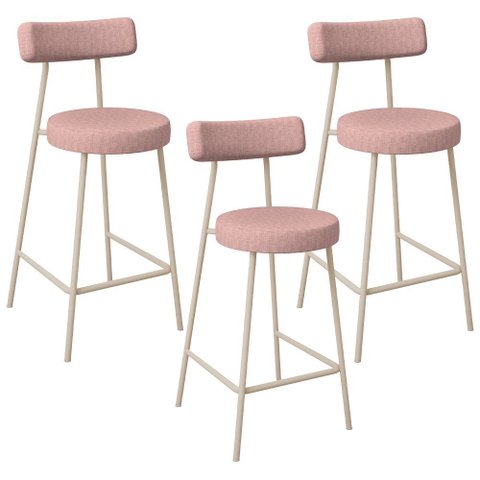 Kit 03 Banquetas Baixa Bar Cozinha Sala de Jantar Aço Milão Arena L02 Linho Rosa - Lyam Decor