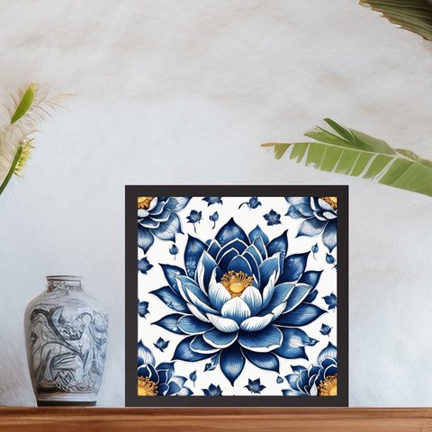 Quadro Flor de Lotus Estilo Azulejo Português - 33x33cm:moldura Preta