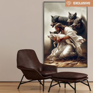 Quadro Decorativo Jesus Protegendo o Cordeiro Dos Lobos Sala Quarto Casa Escritório