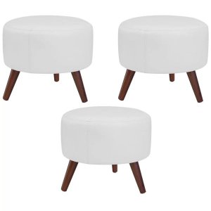 Kit 3 Puffs Decorativos Redondo Pés Palito Couro Branco Fosco - Gran Belo