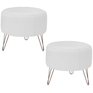 Kit 2 Puffs Decorativos Redondo Pés Metal Couro Branco Fosco - Gran Belo