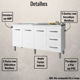 Balcão para Pia Diana 150 Cm 3 Portas Branco Moblis - 3