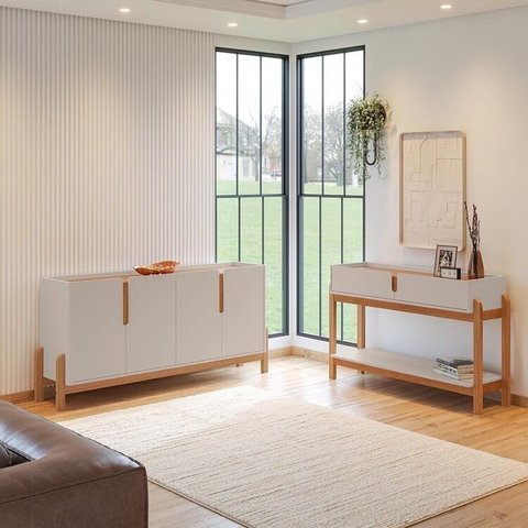 Buffet 170cm e Aparador 2 Gavetas com Pés de Madeira Maciça Lizz Bege/Off White/Cedro