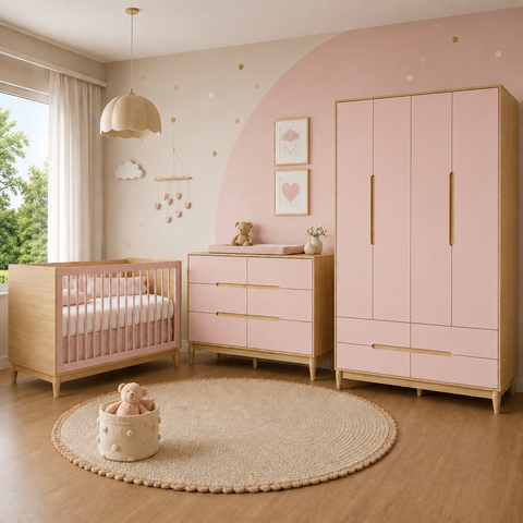 Berço Cômoda e Guarda Roupa Rosa para Quarto de Menina Linha Tomi Quater
