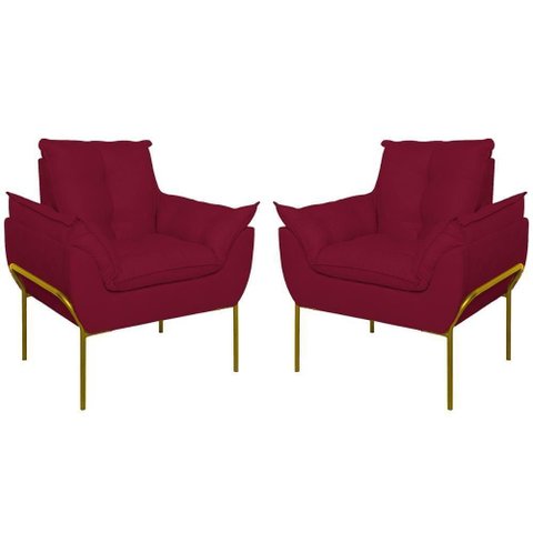 Kit 02 Poltronas Base Metal Dourada Sala Quarto Balaqui Decor Marsala