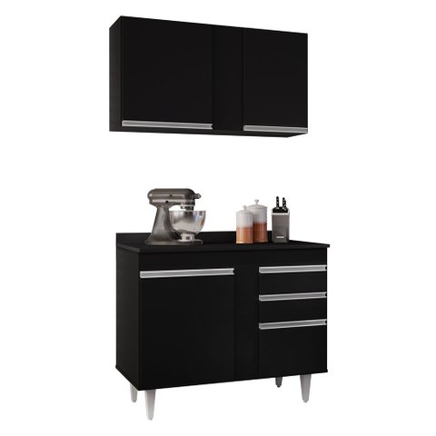 Kit Armário Aéreo e Balcão de Cozinha Lavanderia Aurora com Tampo Preto 100 cm - D’Rossi