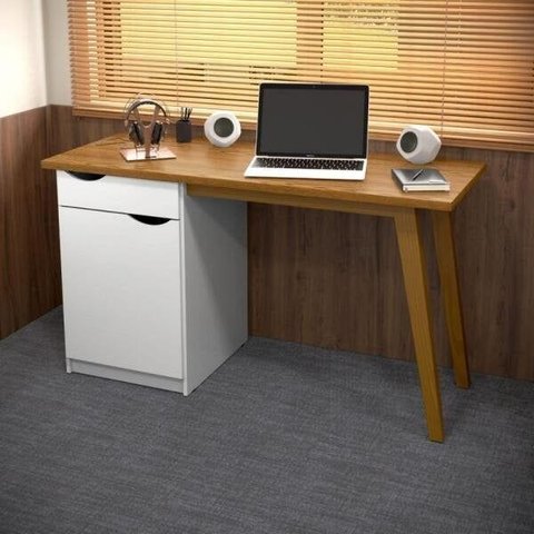 Mesa de Computador Escrivaninha para Escritório Quarto com Gaveta Porta Prism Branco/cumaru