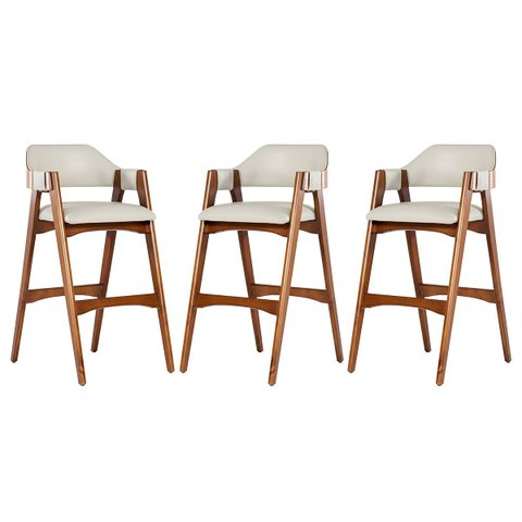 Kit 3 Banquetas Alta em Madeira Lina Estofada Couríssimo Palha Ccs