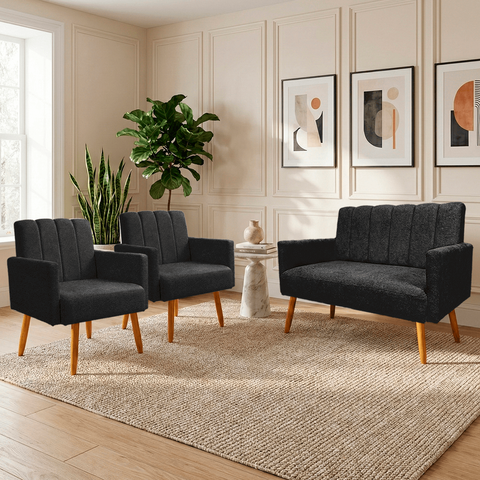 Conjunto Namoradeira + 2 Poltronas Decorativas Nina Resistente Bouclé:Preto