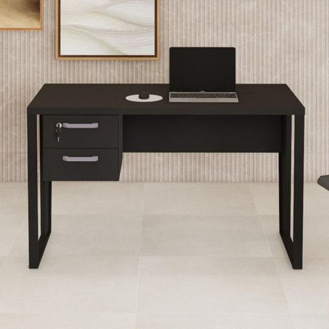 Mesa Escrivaninha Industrial 120cm Tampo 30mm com 2 Gavetas Pés em Metal F5 Office Cor:Preto
