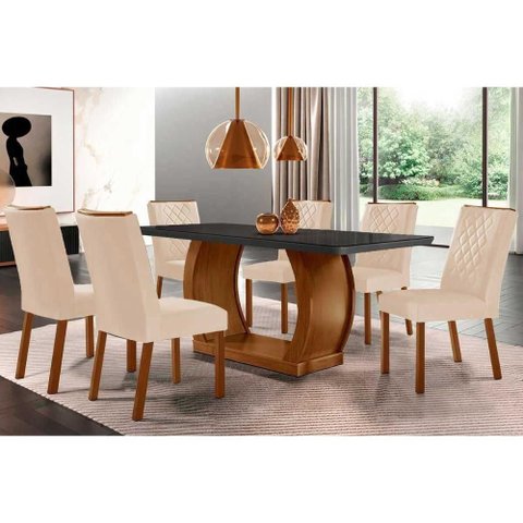 Conjunto: Mesa de Cozinha Jade C/ Tampo Madeirado C/ Vidro Canto Curvo 180x90cm e 6 Cadeiras Jade