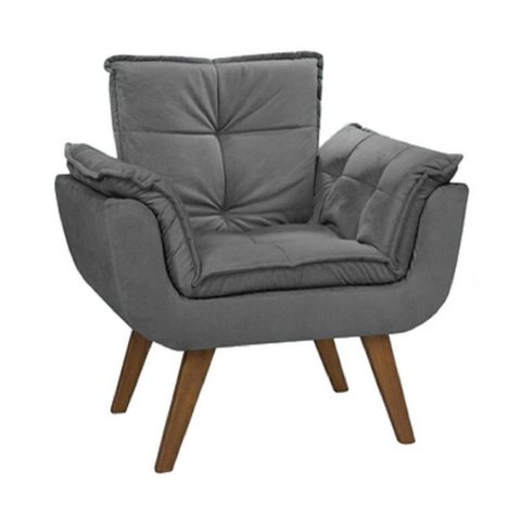 Poltrona Opala Suede Grafite Cadeira Decorativa Sala Recepção Pés Imbuia - Bela Decor
