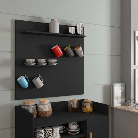 Painel Cantinho do Café C/ Prateleiras e Suporte para Xícaras e Canecas Preto
