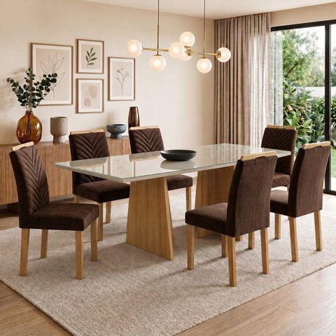 Conjunto Sala de Jantar 6 Lugares Retangular Tampo Vidro MDF 160x80cm Mesa Lyra e Cadeiras Carol