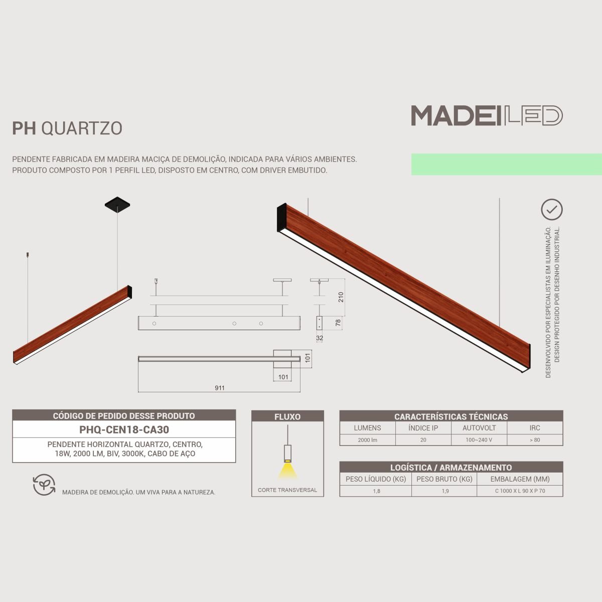 Pendente Led Horizontal Quartzo 18w 2000lm Bivolt - Madeira Maciça - 5