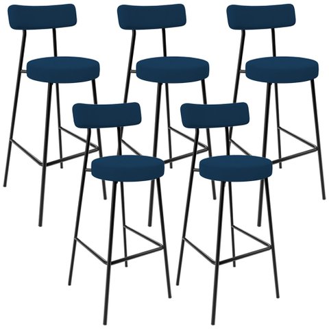 Kit 05 Banquetas Altas Cozinha Bar Sala De Jantar Em Aço Milão L02 Suede Azul Marinho - Lyam Decor