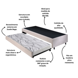 Bicama Box Solteiro Suede 88x188x28 Cm com Colchão Auxiliar Ecoflex - 4