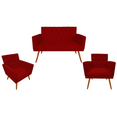 Kit Namoradeira + 2 Poltronas Decorativa Nina Capitonê Suede Vermelho Pés Madeira Ms Decor