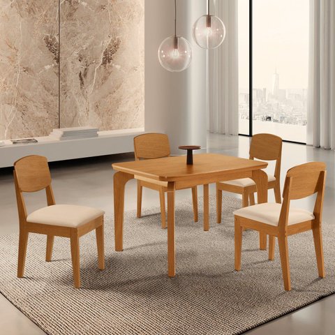 Conjunto Sala de Jantar Mesa Dublin Tampo em MDF e 4 Cadeiras Cleo Yescasa Marrom/Veludo Creme/Marromle