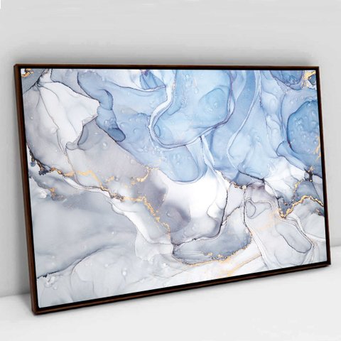 Quadro Decorativo em Canvas Abstrato Mármore Azul Maya TaColado Moldura Flutuante 4,5cm Madeira 90 x