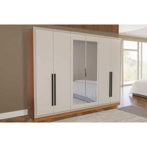 Guarda Roupa Casal 6 Portas (2 c/ Espelho) e 4 Gavetas Valência Freijo/Creme - Politorno