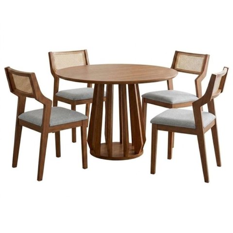 Mesa de Jantar Redonda Pitanga com 4 Cadeiras Estofadas Acai Linho Cinza Natuem