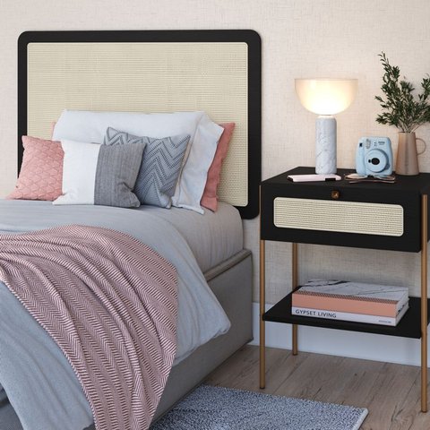 Conjunto Cabeceira Solteiro 90cm e Mesa de Cabeceira 1 Gaveta Pé Metal Palhinha Oslo Artesano | Hano