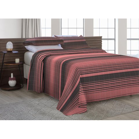 Kit Cobre Leito Casal Padrão Com Fronhas Piquet Algodão 3 Peças Listrado Vermelho e Preto