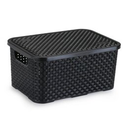 Caixa Organizadora de Plástico Rattan Médio com Tampa Preto - 1