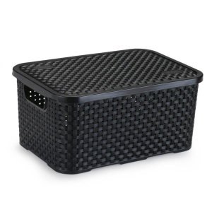 Caixa Organizadora de Plástico Rattan Médio com Tampa Preto