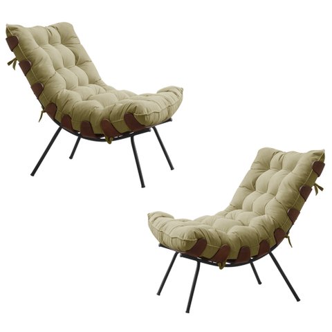 Kit 2 Poltronas Decorativas Sala de Estar Abel Base de Madeira Preto Veludo Bege - Gran Belo