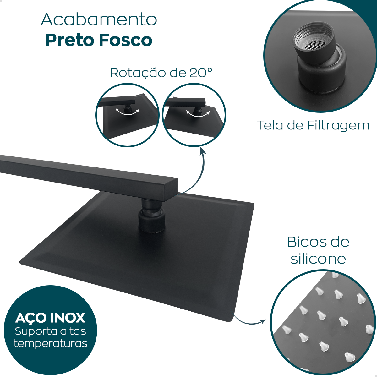 Ducha Preto Fosco Chuveiro Inox Quadrada 25x25 Braço 40 Cm - 3