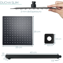 Ducha Preto Fosco Chuveiro Inox Quadrada 25x25 Braço 40 Cm - 5