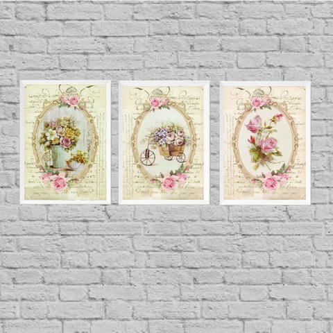 Kit 3 Quadros Decorativos Vintage Jardim 33x24cm:Madeira preta