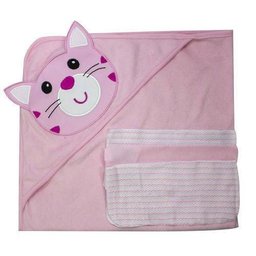 Toalha Banho Baby Camesa Gato Com Capuz E 3 Toalhas De Boca Rosa - 2