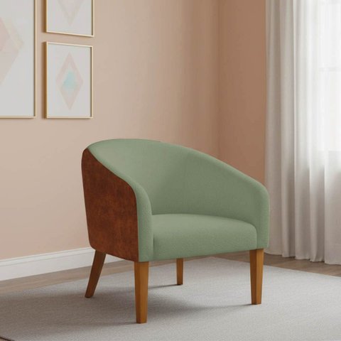 Poltrona Sala Decorativa Stella Pé Madeira Trapézio Castanho Sintético PU Nozes/Bouclê Pistache D03 